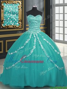 Fancy Turquoise Tulle Lace Up Vestidos de Quinceanera Sleeveless With Brush Train Beading and Appliques