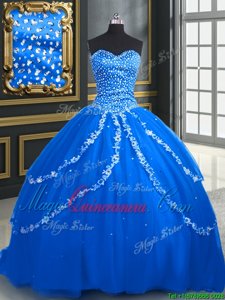 Cheap Blue Lace Up Sweetheart Beading and Appliques Sweet 16 Dress Tulle Sleeveless Brush Train