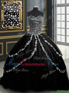 Hot Sale With Train Lace Up Quinceanera Gown Black and In for Military Ball and Sweet 16 and Quinceanera with Beading and Appliques Brush Train