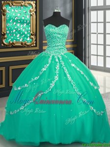 Pretty With Train Lace Up Ball Gown Prom Dress Turquoise and In for Military Ball and Sweet 16 and Quinceanera with Beading and Appliques Brush Train