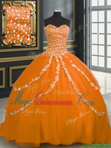 Sweet Sleeveless Tulle With Brush Train Lace Up Quinceanera Gowns in Orange for with Beading and Appliques