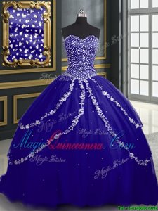 Blue Tulle Lace Up Quinceanera Dresses Sleeveless With Brush Train Beading and Appliques