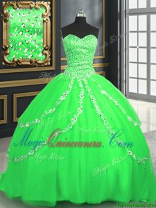 Sweetheart Sleeveless Quinceanera Gowns With Brush Train Beading and Appliques Tulle