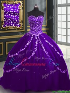 Noble Purple Sleeveless Brush Train Beading and Appliques With Train Quinceanera Gown