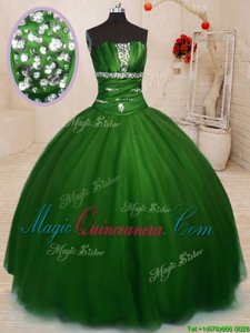 Affordable Green Ball Gowns Tulle Strapless Sleeveless Beading Floor Length Lace Up Sweet 16 Dress