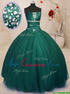 Customized Dark Green Sleeveless Floor Length Beading Lace Up Quinceanera Dress