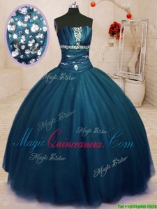 Comfortable Navy Blue Vestidos de Quinceanera Military Ball and Sweet 16 and Quinceanera and For with Beading Strapless Sleeveless Lace Up