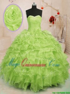 Glorious Yellow Green Sleeveless Floor Length Beading and Ruffles and Hand Made Flower Lace Up 15 Quinceanera Dress