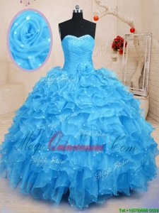 Baby Blue Ball Gowns Beading and Ruffles and Hand Made Flower Quinceanera Gowns Lace Up Organza Sleeveless Floor Length