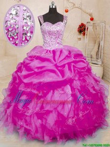 Deluxe Fuchsia Organza Lace Up Straps Sleeveless Floor Length Sweet 16 Dresses Beading and Ruffles and Pick Ups