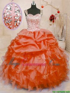Most Popular Pick Ups Ball Gowns Quince Ball Gowns Orange Red Straps Organza Sleeveless Floor Length Lace Up