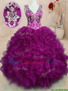 Fuchsia Backless V-neck Beading and Embroidery and Ruffles Quinceanera Dresses Organza Sleeveless