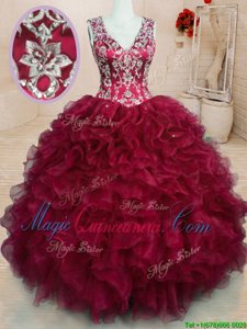 Adorable Wine Red V-neck Neckline Beading and Embroidery and Ruffles Quinceanera Gown Sleeveless Zipper
