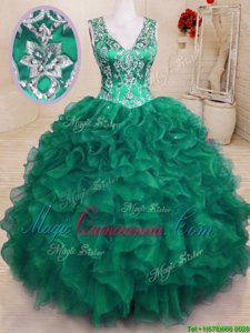 Dark Green V-neck Neckline Beading and Embroidery and Ruffles Sweet 16 Dresses Sleeveless Zipper