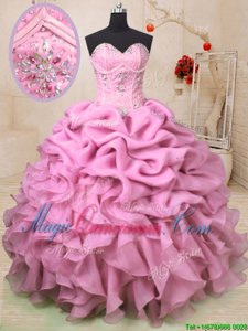 Most Popular Baby Pink Organza Lace Up Vestidos de Quinceanera Sleeveless Floor Length Beading and Ruffles and Pick Ups