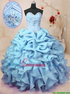 Edgy Sleeveless Organza Floor Length Lace Up Quinceanera Dresses in Baby Blue for with Beading and Ruffles and Pick Ups