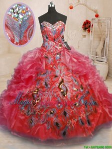 Extravagant Ball Gowns Ball Gown Prom Dress Red Sweetheart Organza Sleeveless Floor Length Zipper
