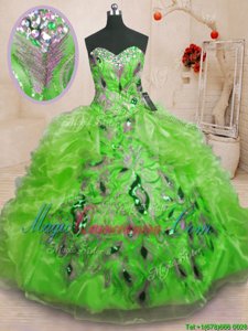 High Quality Sleeveless Floor Length Beading and Appliques and Ruffles Lace Up Vestidos de Quinceanera with Yellow Green