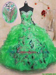 Sleeveless Organza Floor Length Zipper 15th Birthday Dress in Green for with Beading and Appliques and Ruffles