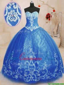 Lovely Blue Ball Gowns Tulle Sweetheart Sleeveless Beading and Appliques Floor Length Lace Up Quinceanera Gowns