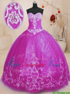 Tulle Sweetheart Sleeveless Lace Up Beading and Embroidery Sweet 16 Dresses in Fuchsia