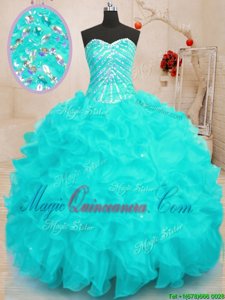 Charming Sweetheart Sleeveless Organza Quinceanera Dresses Beading and Ruffles and Sequins Lace Up