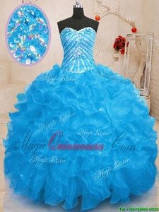 Stylish Baby Blue Sleeveless Floor Length Beading and Ruffles and Sequins Lace Up Quinceanera Gowns