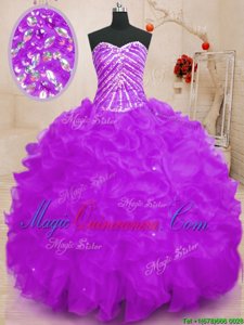 Deluxe Sweetheart Sleeveless Organza Ball Gown Prom Dress Beading and Ruffles and Sequins Lace Up