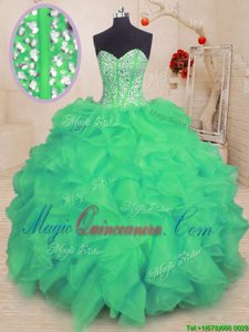 Affordable Sleeveless Organza Floor Length Lace Up Vestidos de Quinceanera in Turquoise for with Beading and Ruffles