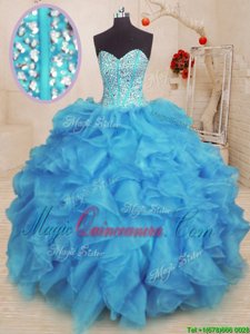 Baby Blue Sleeveless Floor Length Beading and Ruffles Lace Up Vestidos de Quinceanera