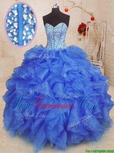 Pretty Royal Blue Lace Up Sweetheart Beading and Ruffles Quinceanera Gown Organza Sleeveless