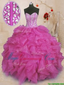 Fuchsia Lace Up Sweetheart Beading and Ruffles Quinceanera Dresses Organza Sleeveless