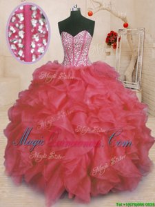 Dazzling Sleeveless Organza Floor Length Lace Up Vestidos de Quinceanera in Coral Red for with Beading and Ruffles