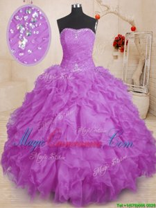 Floor Length Purple Quince Ball Gowns Organza Sleeveless Beading and Ruffles and Ruching