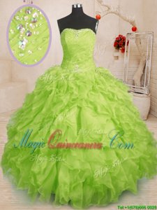 Custom Designed Yellow Green Sleeveless Organza Lace Up Ball Gown Prom Dress for Military Ball and Sweet 16 and Quinceanera