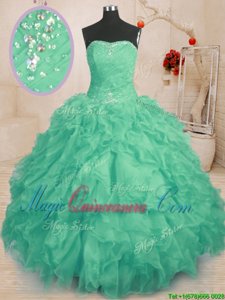 Edgy Turquoise Quinceanera Dresses Military Ball and Sweet 16 and Quinceanera and For with Beading and Ruffles and Ruching Strapless Sleeveless Lace Up