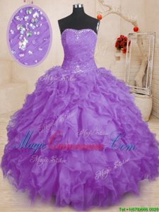 Lavender Organza Lace Up Strapless Sleeveless Floor Length 15 Quinceanera Dress Beading and Ruffles and Ruching