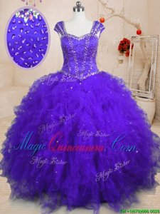 Sequins Purple Cap Sleeves Tulle Lace Up Ball Gown Prom Dress for Military Ball and Sweet 16 and Quinceanera