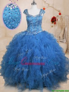Admirable Teal Straps Lace Up Beading and Ruffles and Sequins Sweet 16 Dress Cap Sleeves