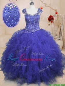 Beading and Ruffles and Sequins Sweet 16 Dress Royal Blue Lace Up Cap Sleeves Floor Length