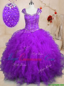Purple Vestidos de Quinceanera Military Ball and Sweet 16 and Quinceanera and For with Beading and Ruffles Square Cap Sleeves Lace Up