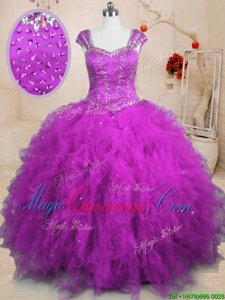 Exquisite Cap Sleeves Floor Length Beading and Ruffles Lace Up Sweet 16 Quinceanera Dress with Purple
