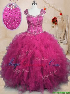 Classical Fuchsia Cap Sleeves Tulle Lace Up Ball Gown Prom Dress for Military Ball and Sweet 16 and Quinceanera
