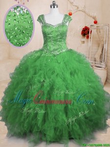 Tulle Cap Sleeves Floor Length Quinceanera Dress and Beading and Ruffles