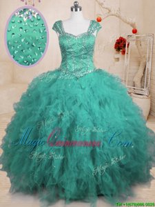 Turquoise Ball Gowns Tulle Square Cap Sleeves Beading and Ruffles Floor Length Lace Up Ball Gown Prom Dress