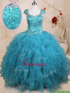 Custom Made Baby Blue Cap Sleeves Floor Length Beading and Ruffles Lace Up Quinceanera Gowns
