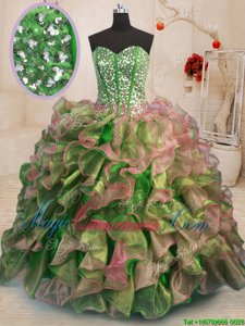 Most Popular Sleeveless Floor Length Beading and Ruffles Lace Up Quinceanera Gown with Multi-color
