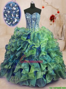 Multi-color Ball Gowns Beading and Ruffles 15th Birthday Dress Lace Up Organza Sleeveless Floor Length