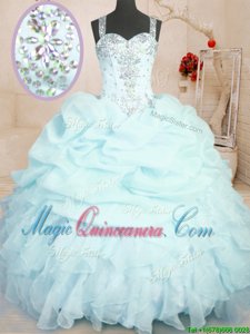 Light Blue Ball Gowns Organza Straps Sleeveless Beading and Ruffles and Pick Ups Floor Length Zipper Quinceanera Gown