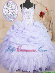 Lavender Sweet 16 Dress Military Ball and Sweet 16 and Quinceanera and For with Beading and Ruffles and Pick Ups Straps Sleeveless Zipper